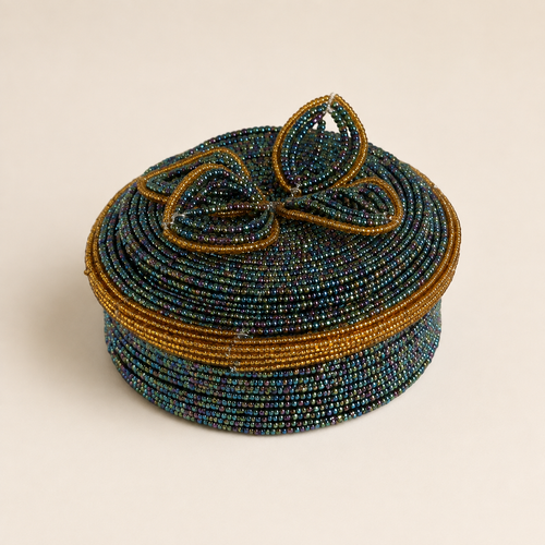 Teal and gold hand-beaded jewellery box with a matching lid and raised floral beadwork.